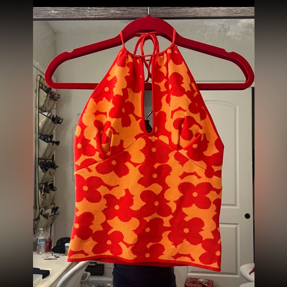 Floral Halter Tank Top in Red and Orange